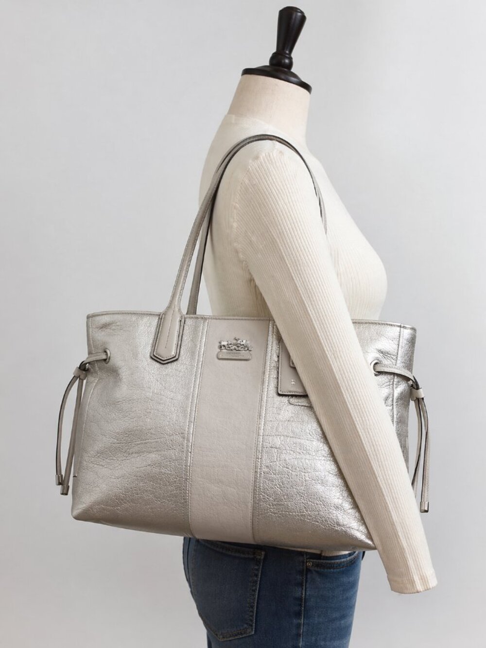Coach Metallic Leather Tote Shoulder Bag Silver Champagne Y2K